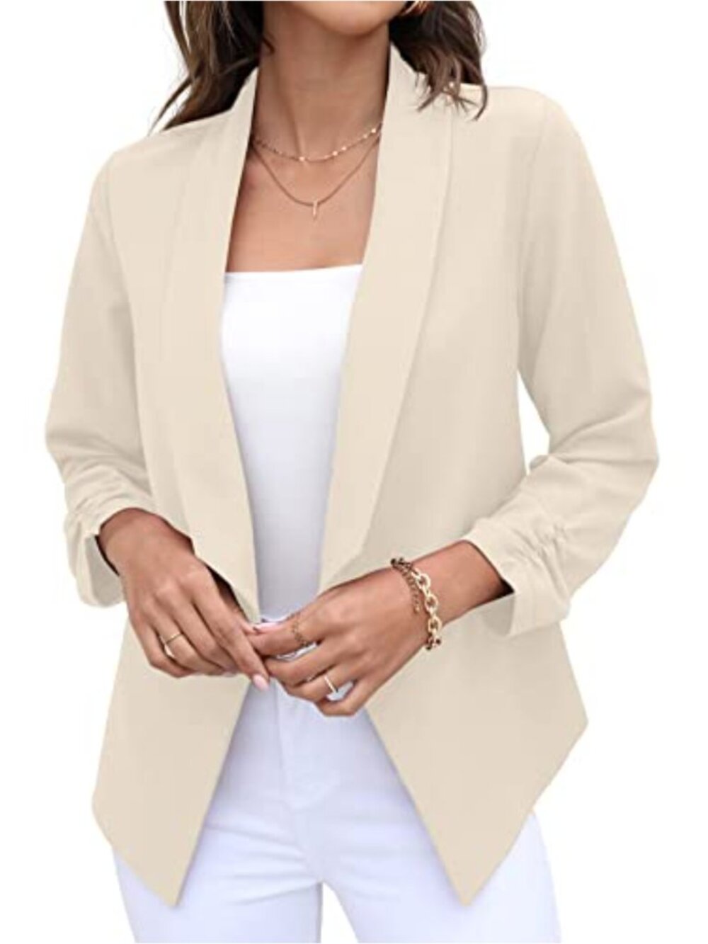 Women's Cropped Blazer Open Front 3/4 Sleeve Shawl Collar Work Jacket